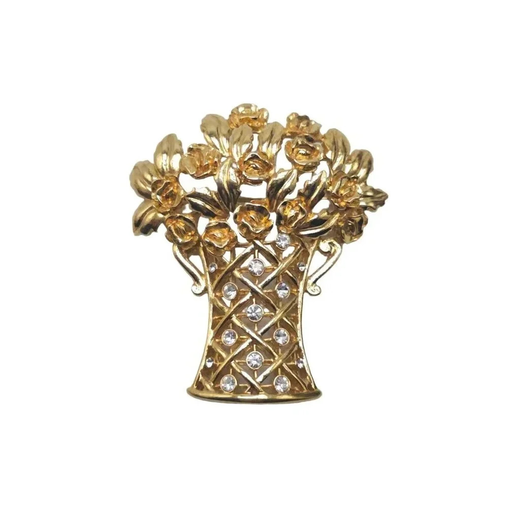 Clear Rhinestone Tall Vase Roses Flowers Brooch Pin Gold Tone Vintage